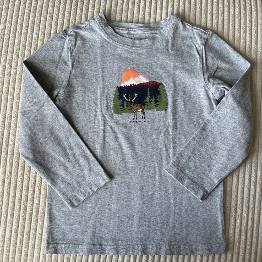 Janie and Jack Gray Kids Long Sleeve Shirt with A Deer in a Forest Print Size S